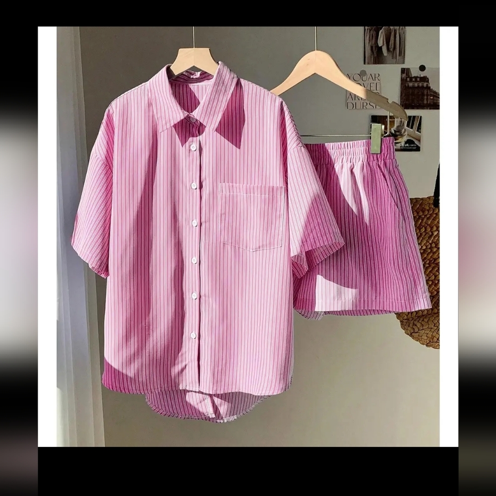 NWT Rosa Clothing Pink & White 2PC Shorts Set Tie Back Top Elastic Waist - Picture 4 of 9